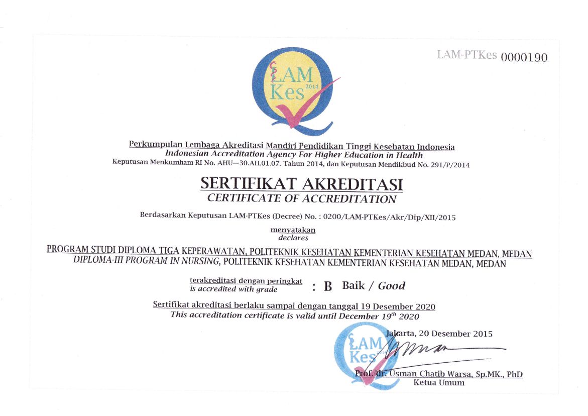 Sertifikat Akreditasi Prodi D-III Keperawatan yang dikeluarkan oleh LAMPTKes